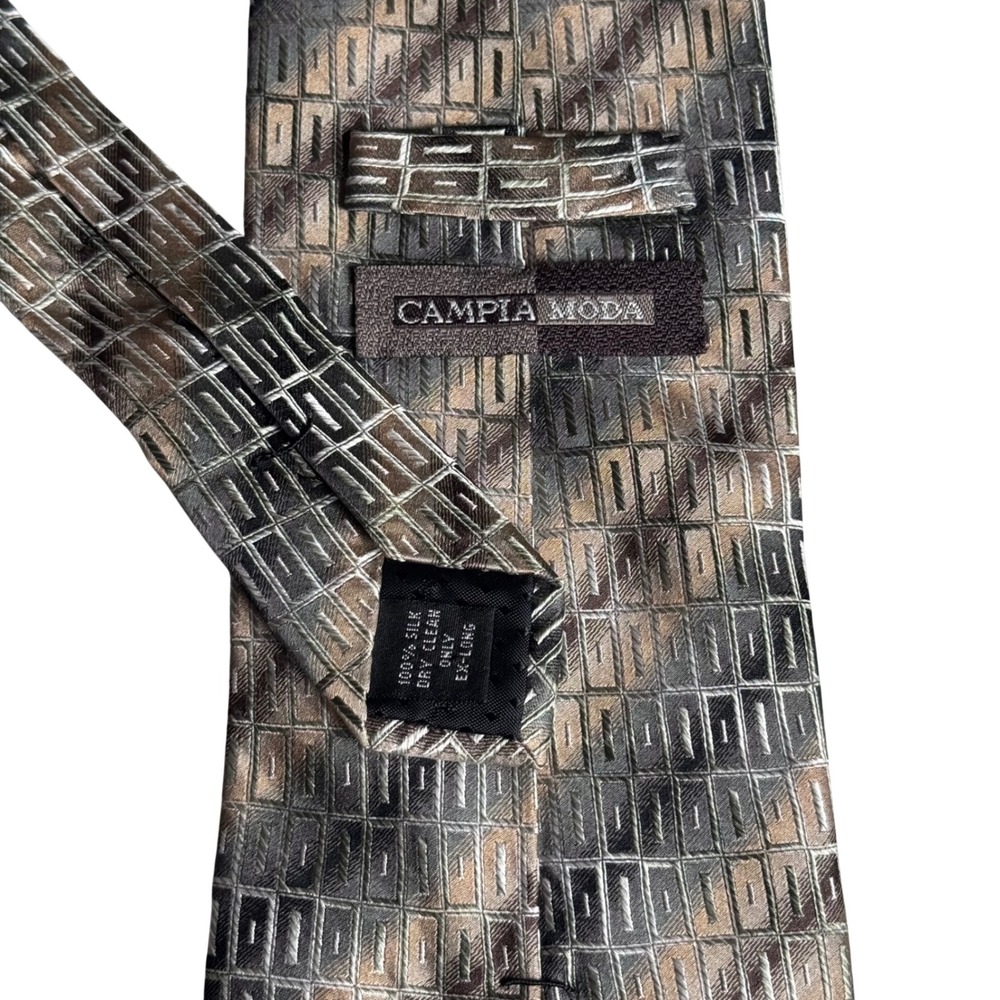 Campia Moda Mens Silk Tie Extra Long Geometric Grid Grey Taupe Bronze Hand Made‎ - Picture 5 of 7